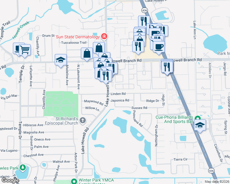map of restaurants, bars, coffee shops, grocery stores, and more near 1929 Linden Road in Winter Park