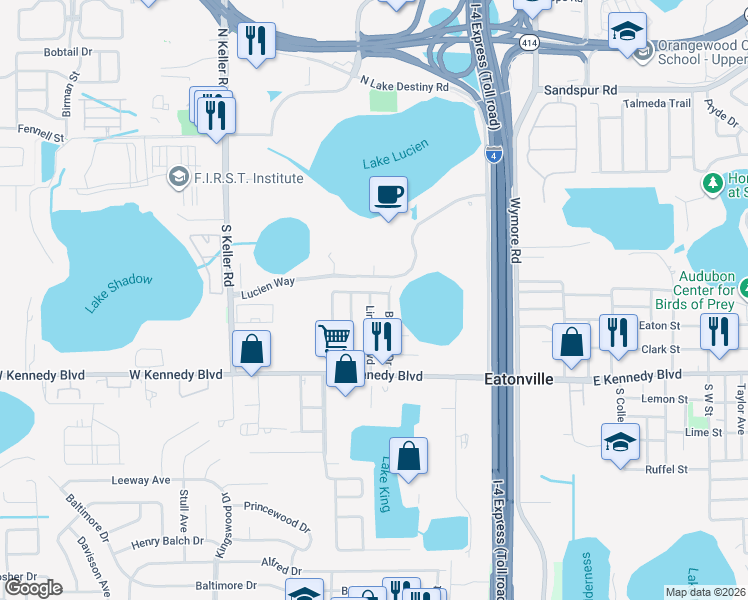 map of restaurants, bars, coffee shops, grocery stores, and more near 238 Bethune Drive in Orlando