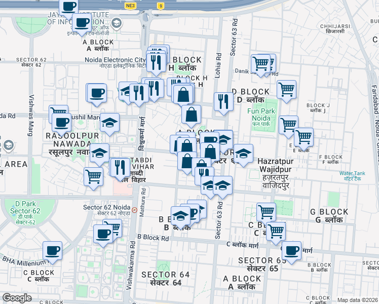 map of restaurants, bars, coffee shops, grocery stores, and more near in Noida