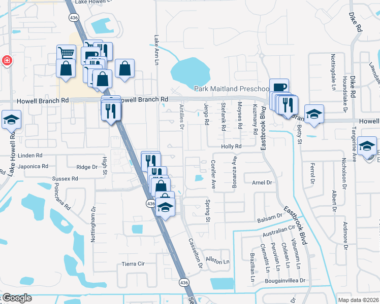 map of restaurants, bars, coffee shops, grocery stores, and more near 2415 Antilles Drive in Winter Park