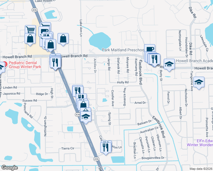 map of restaurants, bars, coffee shops, grocery stores, and more near 2325 Conifer Avenue in Winter Park