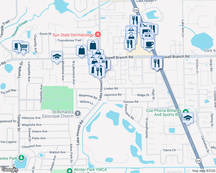 map of restaurants, bars, coffee shops, grocery stores, and more near 1929 Linden Road in Winter Park