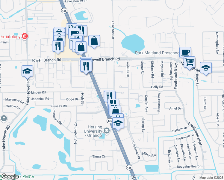 map of restaurants, bars, coffee shops, grocery stores, and more near 2479 Chicory Lane in Winter Park