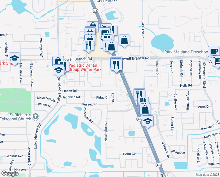 map of restaurants, bars, coffee shops, grocery stores, and more near 2185 Linden Road in Winter Park