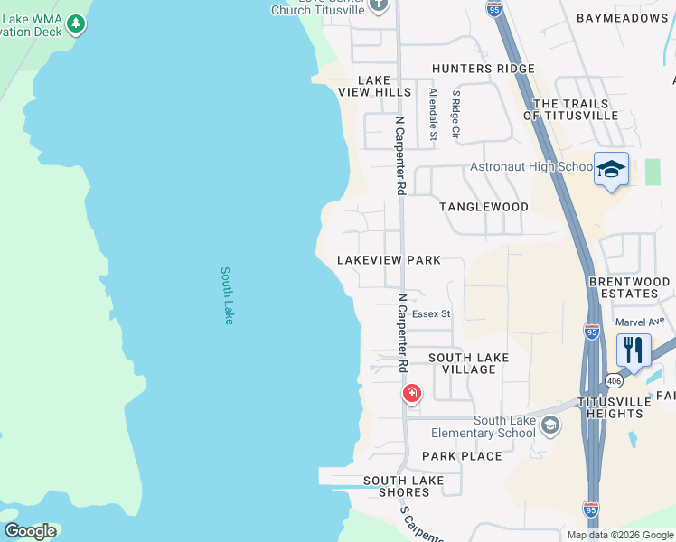 map of restaurants, bars, coffee shops, grocery stores, and more near 4150 Heller Road in Titusville