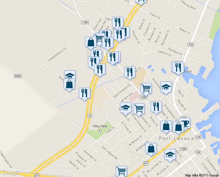 map of restaurants, bars, coffee shops, grocery stores, and more near 1021 North San Antonio Street in Port Lavaca