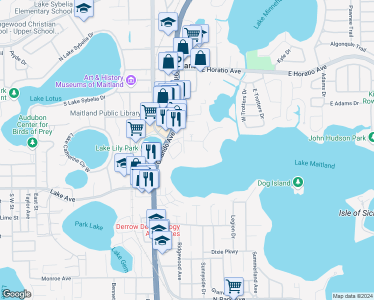 map of restaurants, bars, coffee shops, grocery stores, and more near 700 Live Oak Street in Maitland