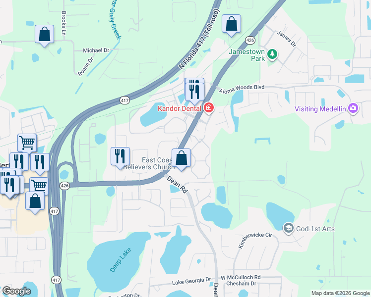 map of restaurants, bars, coffee shops, grocery stores, and more near 3011 West State Road 426 in Oviedo