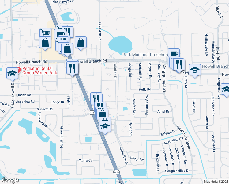 map of restaurants, bars, coffee shops, grocery stores, and more near 2415 Antilles Drive in Winter Park