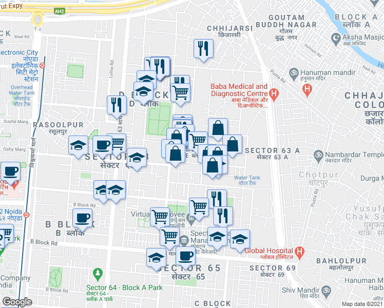 map of restaurants, bars, coffee shops, grocery stores, and more near in Noida