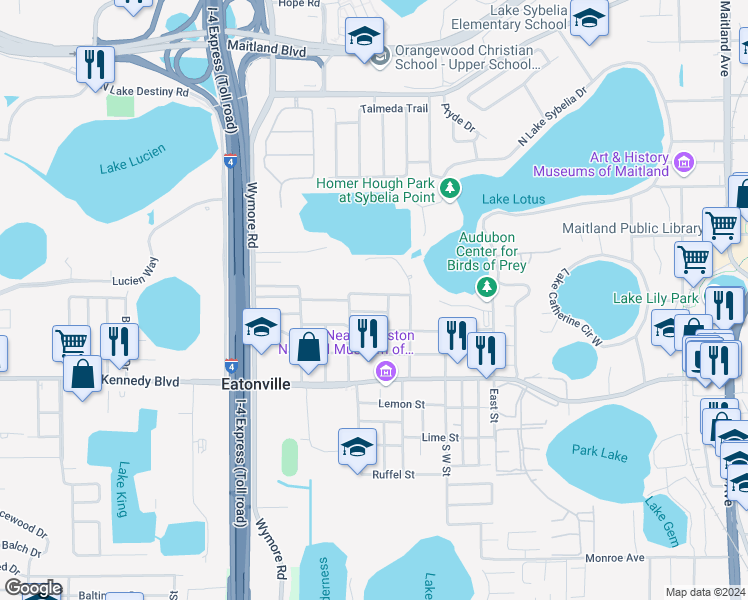 map of restaurants, bars, coffee shops, grocery stores, and more near 1630 Warrens Avenue in Maitland