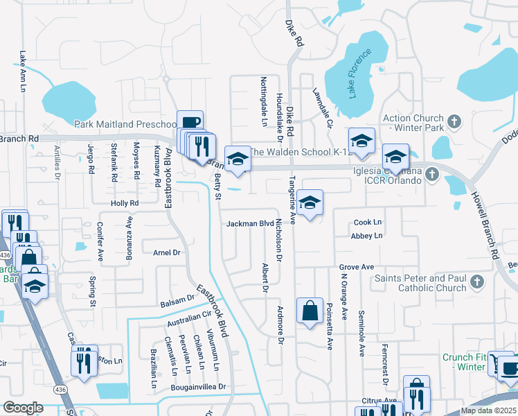 map of restaurants, bars, coffee shops, grocery stores, and more near 3123 Nicholson Drive in Winter Park