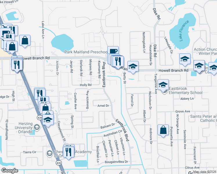 map of restaurants, bars, coffee shops, grocery stores, and more near 2412 Beman Court in Winter Park