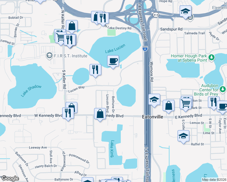 map of restaurants, bars, coffee shops, grocery stores, and more near 238 Bethune Drive in Eatonville