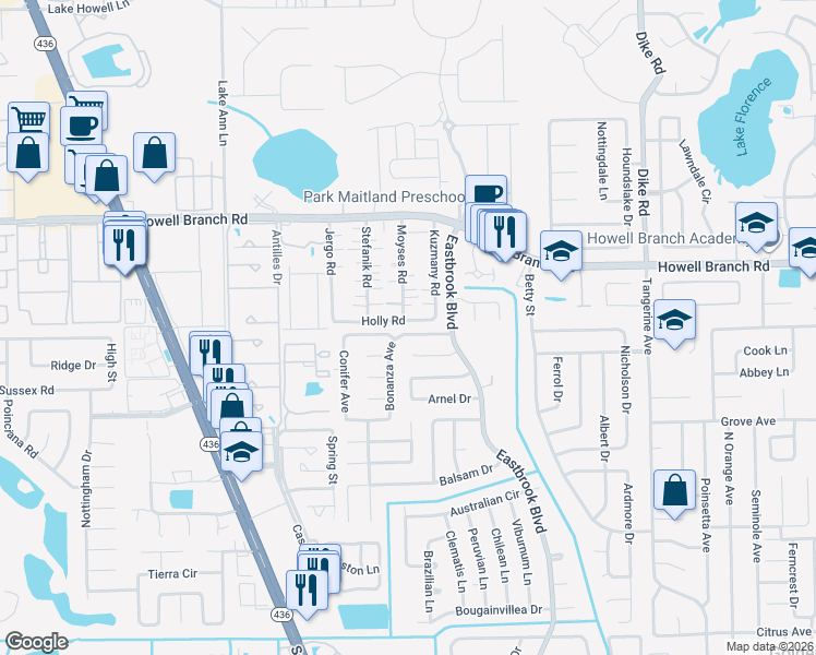 map of restaurants, bars, coffee shops, grocery stores, and more near 3357 Athena Drive in Winter Park