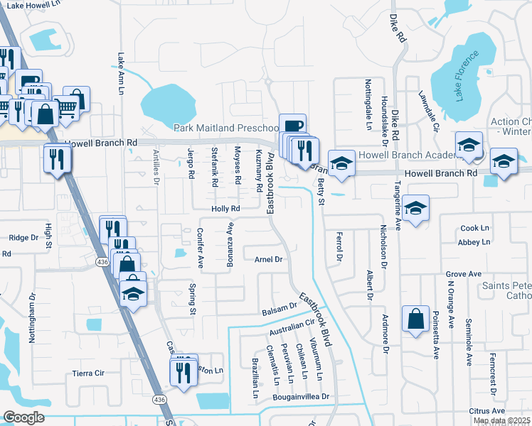 map of restaurants, bars, coffee shops, grocery stores, and more near 2413 Eastbrook Boulevard in Winter Park