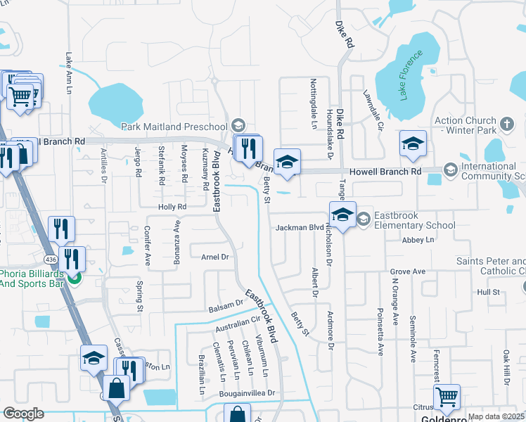 map of restaurants, bars, coffee shops, grocery stores, and more near 7474 Betty Street in Winter Park