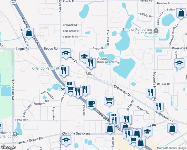 map of restaurants, bars, coffee shops, grocery stores, and more near 7121 County Road 424 in Lockhart