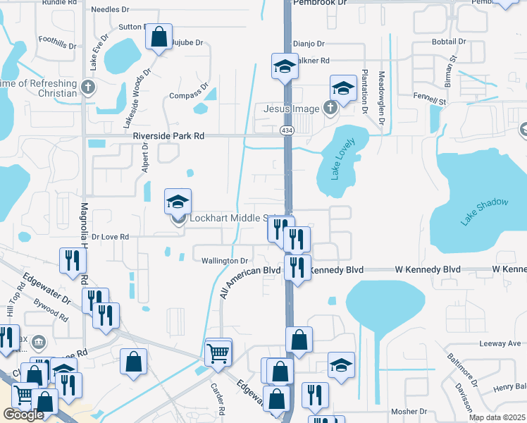 map of restaurants, bars, coffee shops, grocery stores, and more near 7120 Forest City Road in Orlando