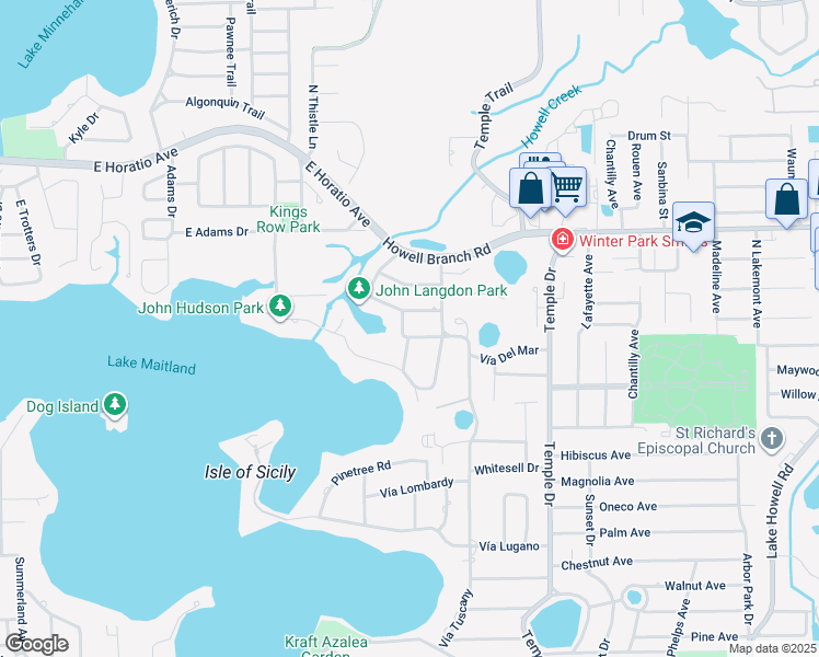 map of restaurants, bars, coffee shops, grocery stores, and more near 2222 Azalea Place in Winter Park
