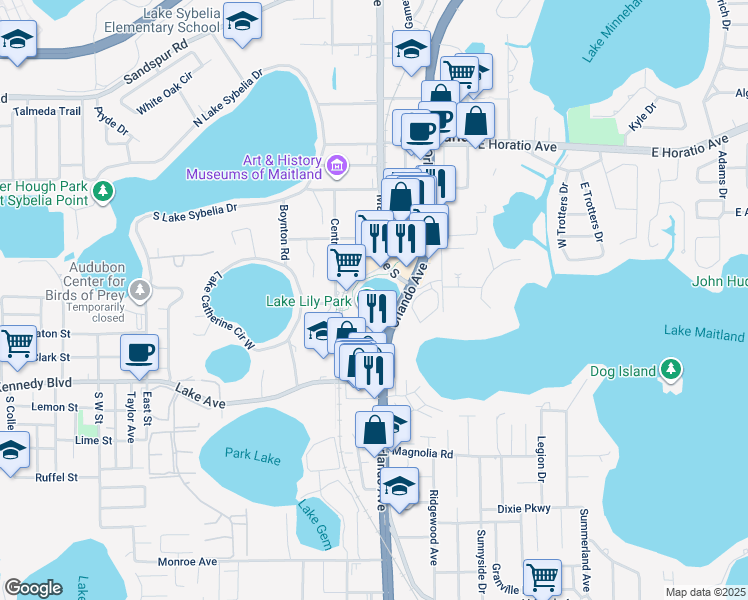 map of restaurants, bars, coffee shops, grocery stores, and more near in Maitland
