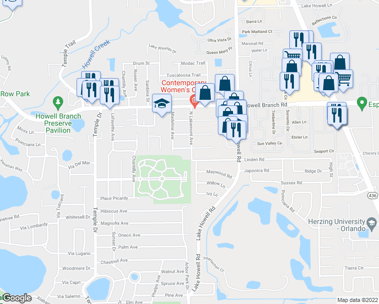 map of restaurants, bars, coffee shops, grocery stores, and more near 2401 North Lakemont Avenue in Winter Park