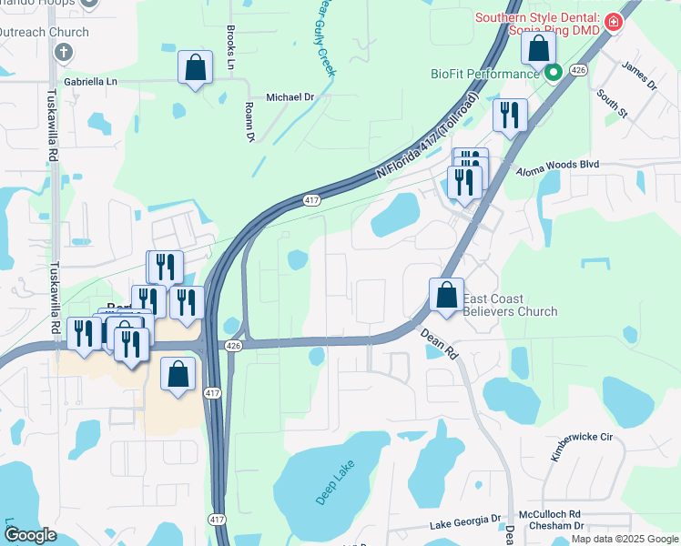 map of restaurants, bars, coffee shops, grocery stores, and more near 5140 Morning Dew Loop in Oviedo