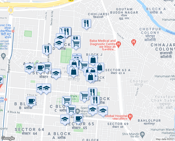 map of restaurants, bars, coffee shops, grocery stores, and more near in Noida