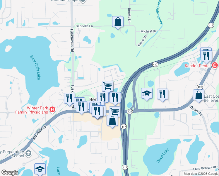 map of restaurants, bars, coffee shops, grocery stores, and more near 5033 Cypress Branch Point in Oviedo