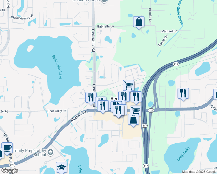 map of restaurants, bars, coffee shops, grocery stores, and more near 4673 Creekview Lane in Oviedo