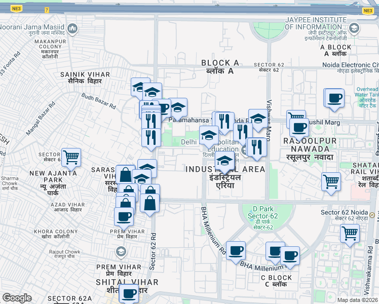 map of restaurants, bars, coffee shops, grocery stores, and more near Plot No. B2 Arko Road in Noida