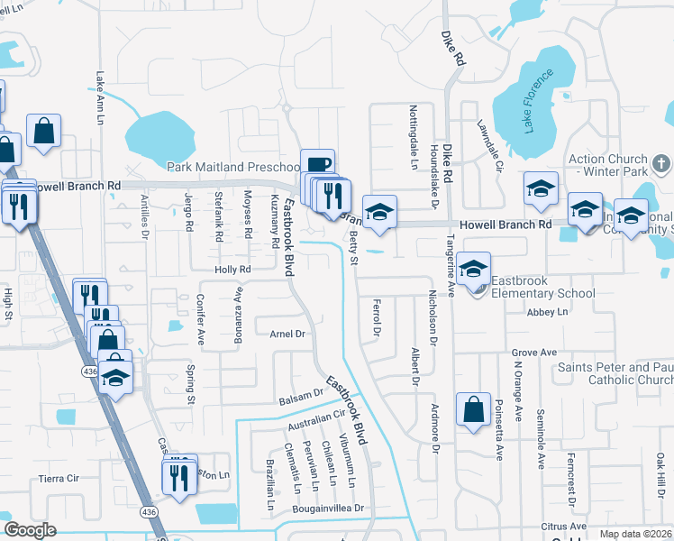 map of restaurants, bars, coffee shops, grocery stores, and more near 7474 Betty Street in Winter Park