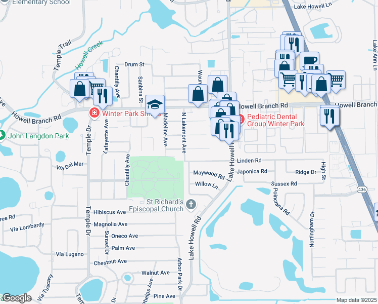 map of restaurants, bars, coffee shops, grocery stores, and more near 1908 Magnolia Avenue in Winter Park
