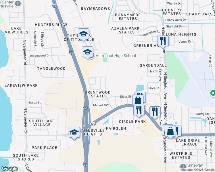 map of restaurants, bars, coffee shops, grocery stores, and more near 533 Clarewood Boulevard in Titusville
