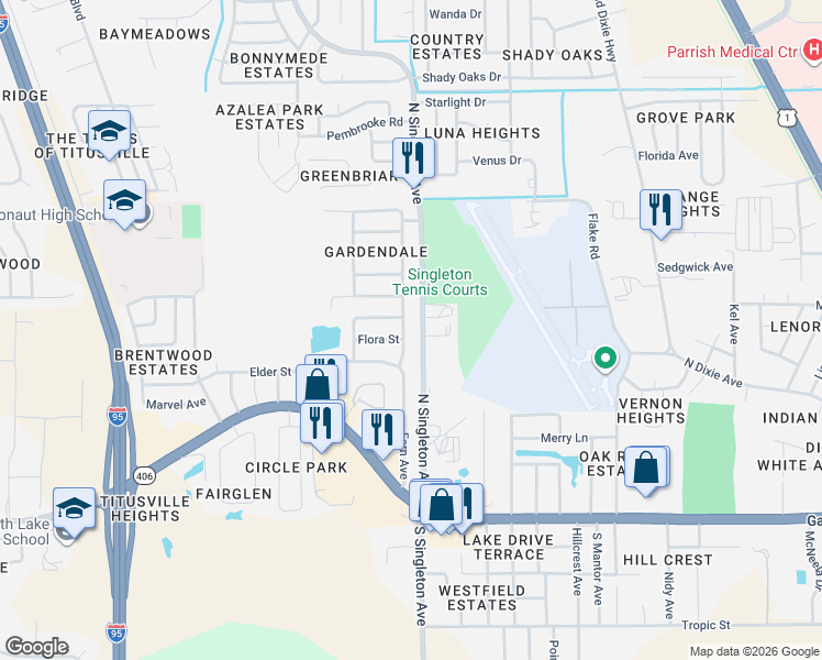 map of restaurants, bars, coffee shops, grocery stores, and more near 513 Fern Avenue in Titusville