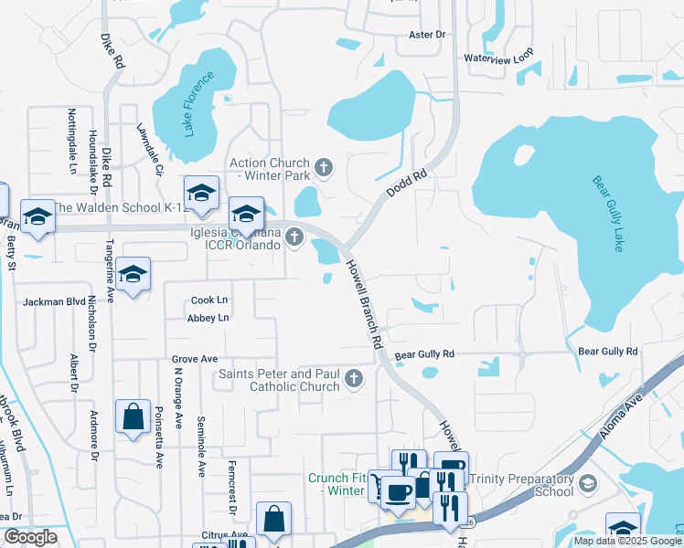 map of restaurants, bars, coffee shops, grocery stores, and more near 5520 Howell Branch Road in Winter Park