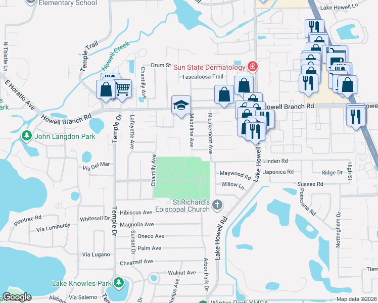map of restaurants, bars, coffee shops, grocery stores, and more near 2525 Madeline Avenue in Winter Park