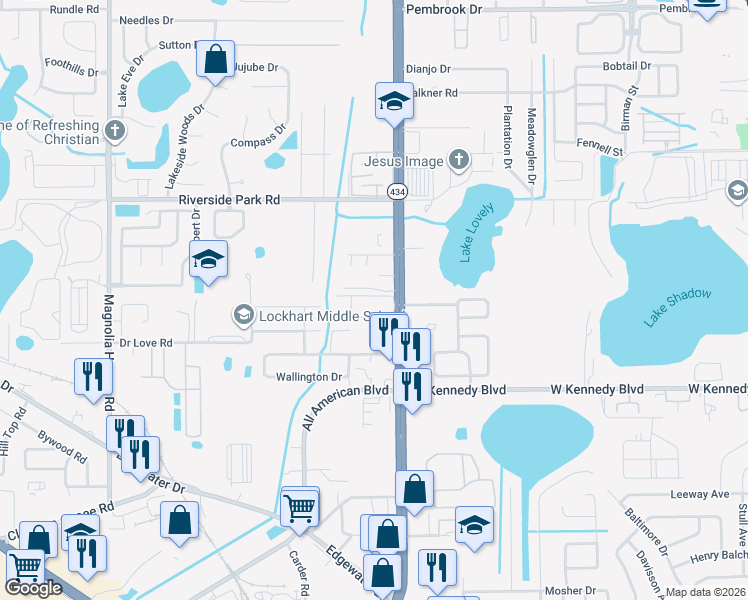 map of restaurants, bars, coffee shops, grocery stores, and more near 7190 Forest City Road in Lockhart