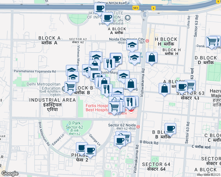 map of restaurants, bars, coffee shops, grocery stores, and more near Oshy Marg in Noida