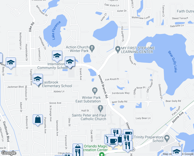 map of restaurants, bars, coffee shops, grocery stores, and more near 5520 Howell Branch Road in Winter Park