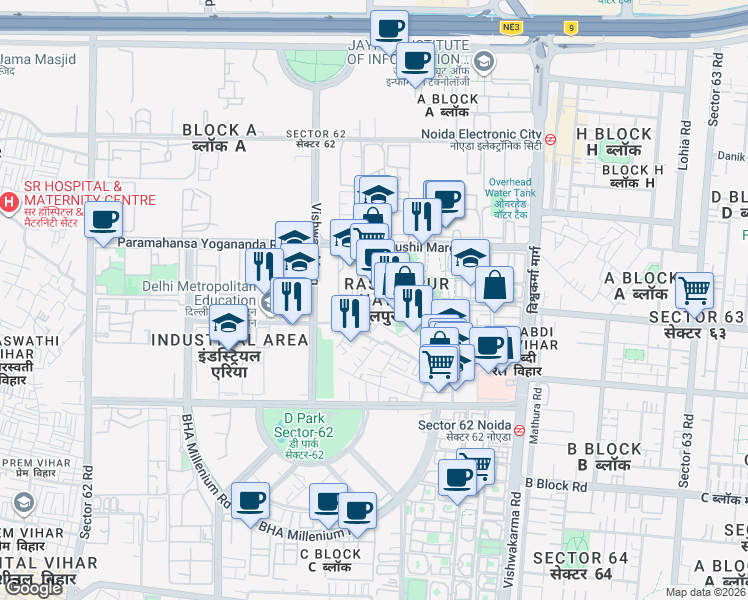 map of restaurants, bars, coffee shops, grocery stores, and more near in Noida