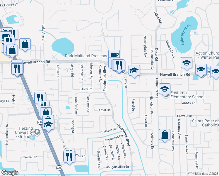 map of restaurants, bars, coffee shops, grocery stores, and more near 2412 Beman Court in Winter Park