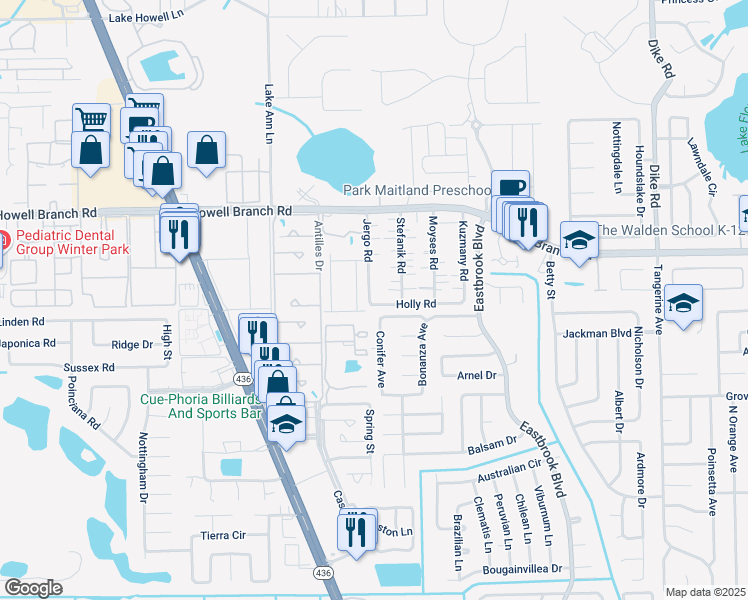 map of restaurants, bars, coffee shops, grocery stores, and more near 2325 Conifer Avenue in Winter Park