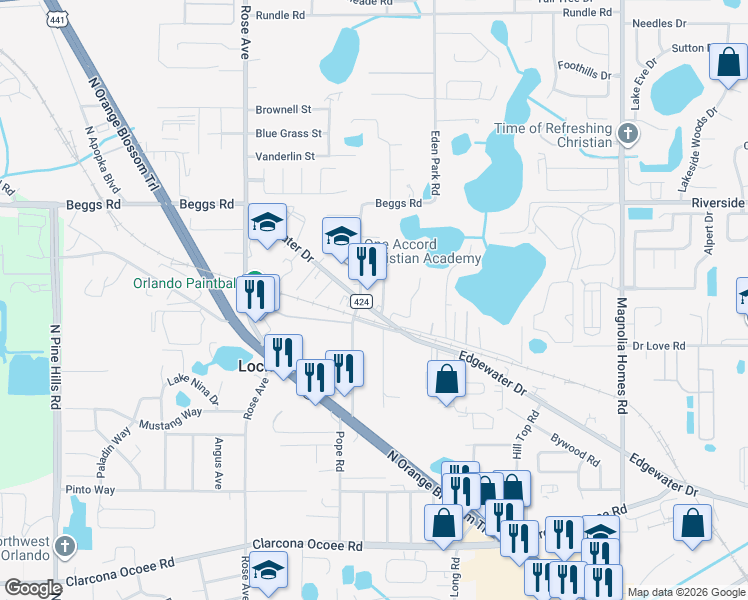 map of restaurants, bars, coffee shops, grocery stores, and more near 7121 County Road 424 in Lockhart