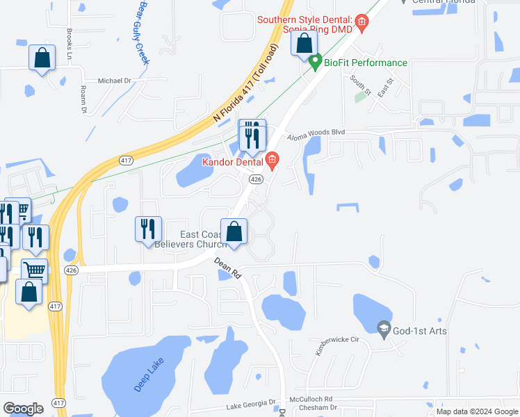 map of restaurants, bars, coffee shops, grocery stores, and more near 5683 Elmhurst Circle in Oviedo