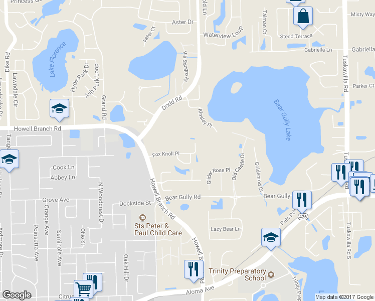 map of restaurants, bars, coffee shops, grocery stores, and more near 7797 Fox Knoll Place in Winter Park