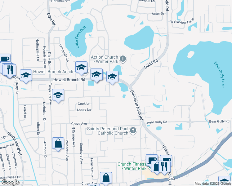 map of restaurants, bars, coffee shops, grocery stores, and more near 7444 Grand Court in Winter Park