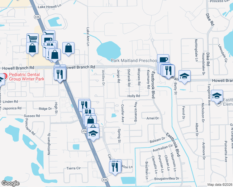 map of restaurants, bars, coffee shops, grocery stores, and more near 2325 Conifer Avenue in Winter Park