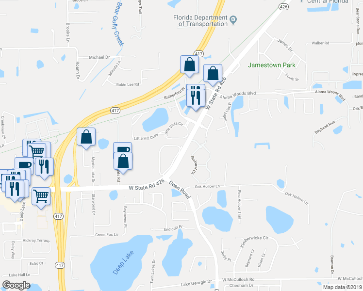 map of restaurants, bars, coffee shops, grocery stores, and more near 2799 Chaddsford Circle in Oviedo