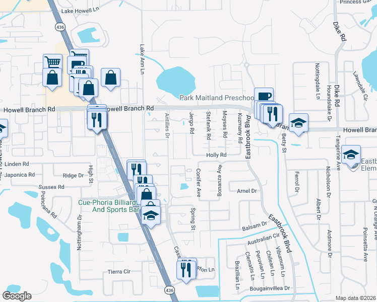 map of restaurants, bars, coffee shops, grocery stores, and more near 2325 Conifer Avenue in Winter Park